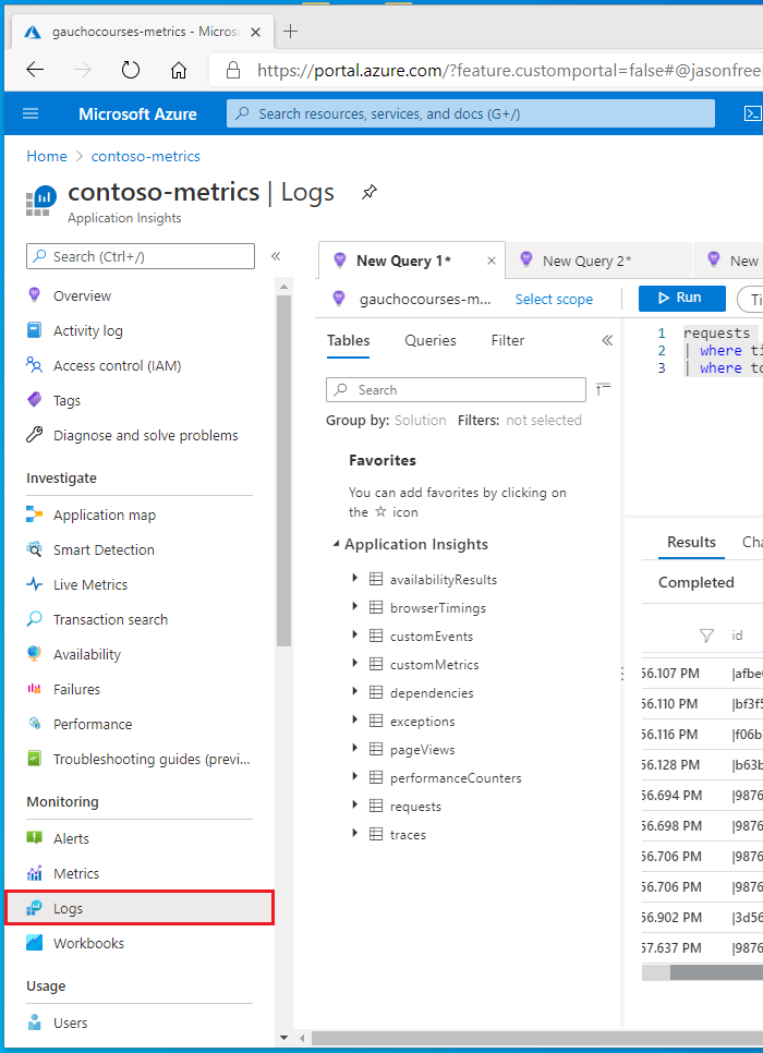 Open the Logs tab on Application Insights