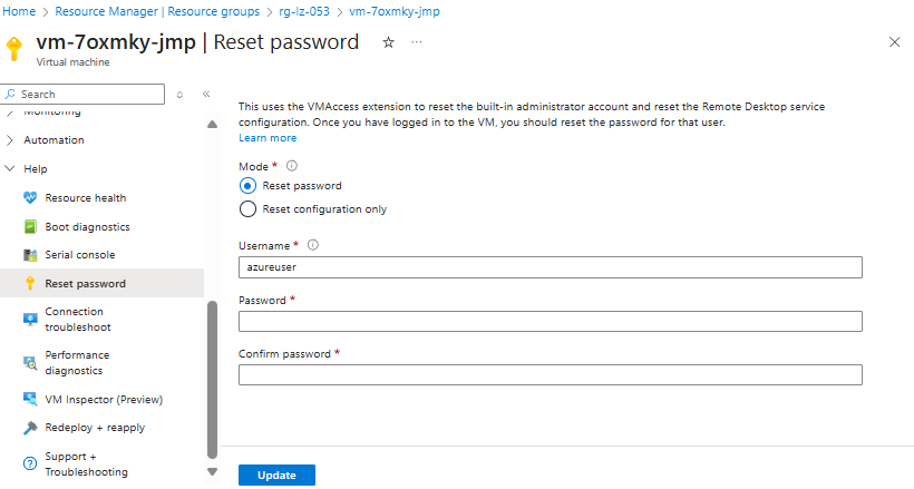 Reset Password in Azure Portal