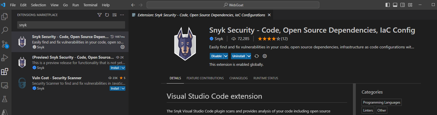 VS Code Snyk extension
