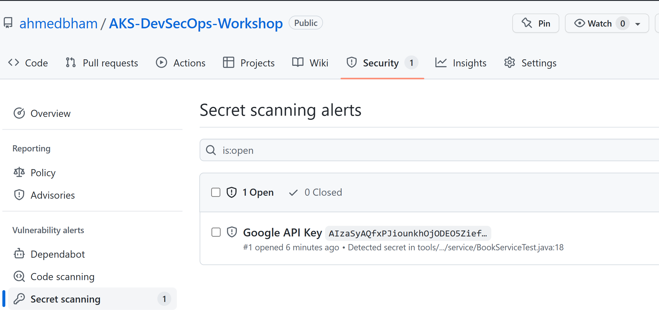 Secret Scanning Alerts Screenshot