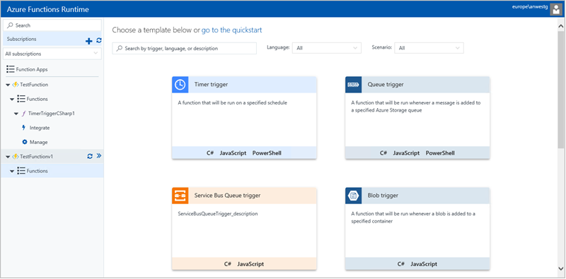 Templates available to v1 functions in Azure Functions Runtime preview 2