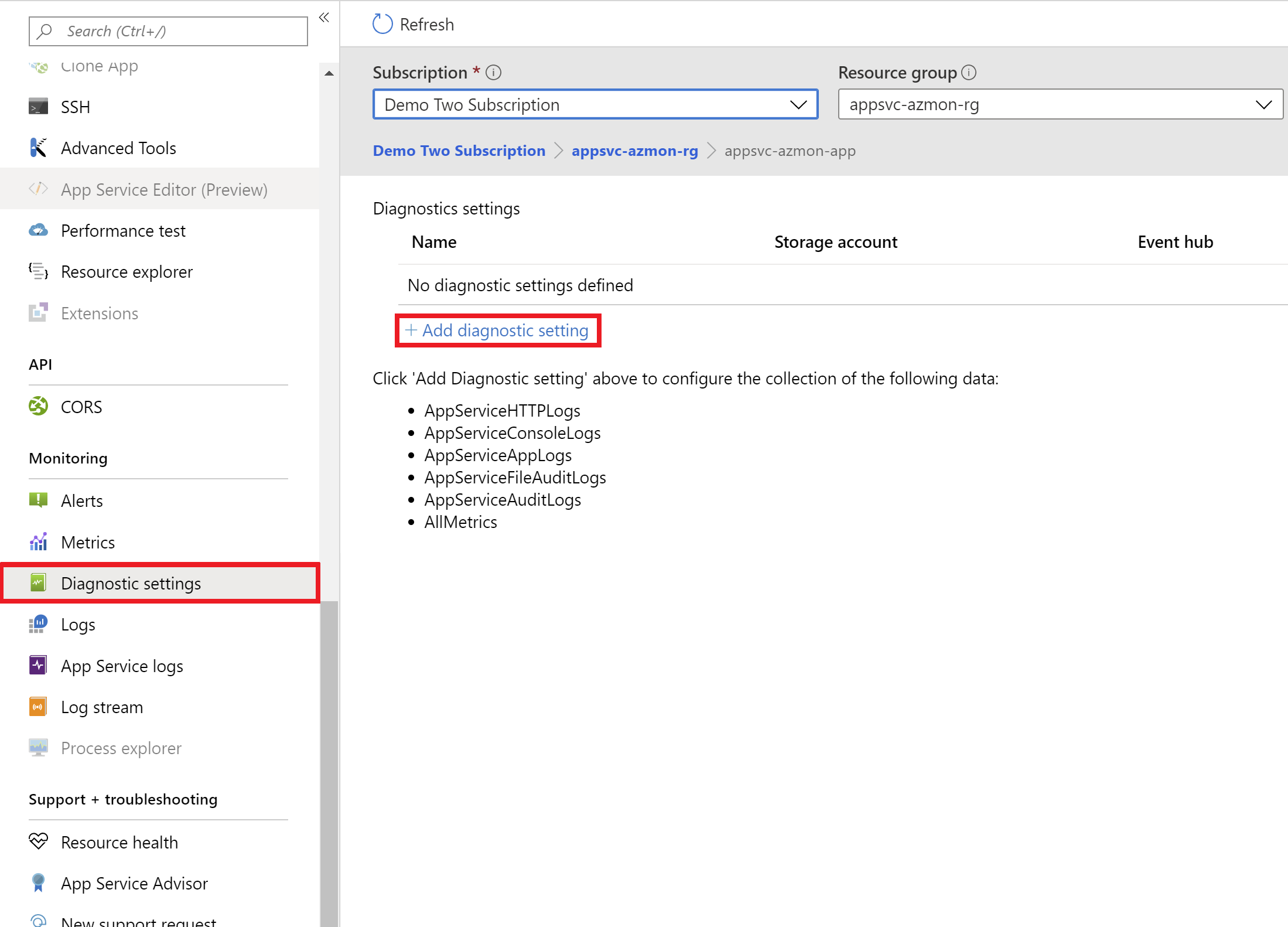 Diagnostic-Settings-Page