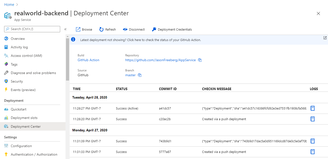 Use the Deployment Center to monitor the CI/CD Pipeline