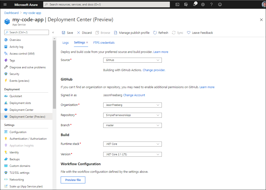 Use the deployment center to wire up GitHub Actions for CI/CD