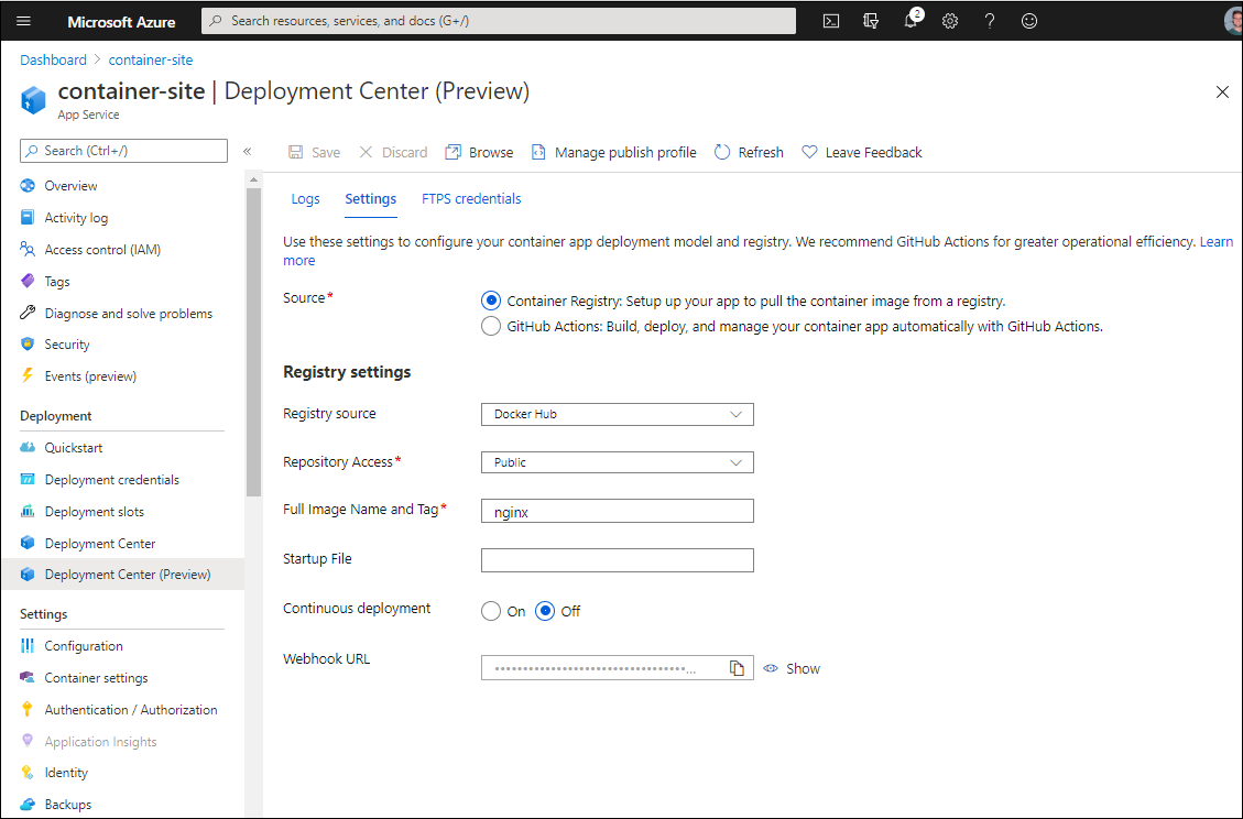 Use the deployment center to wire up GitHub Actions for CI/CD