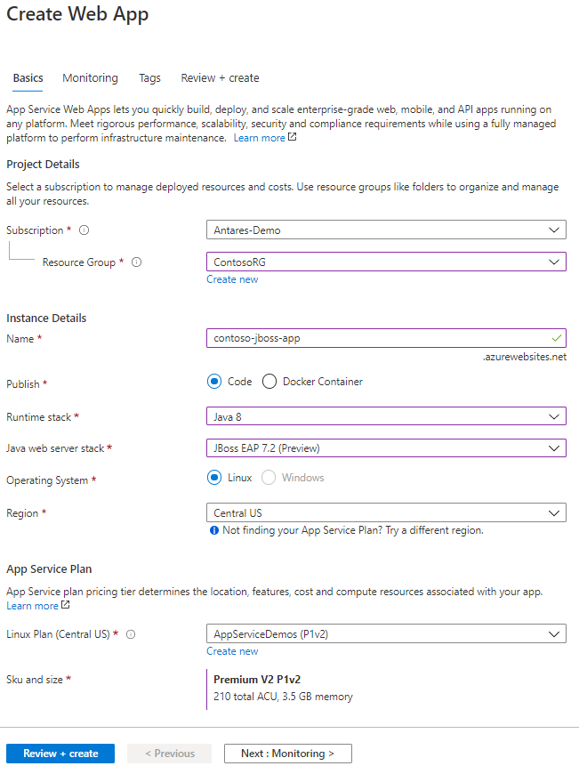 Create a JBoss EAP site from the Azure Portal