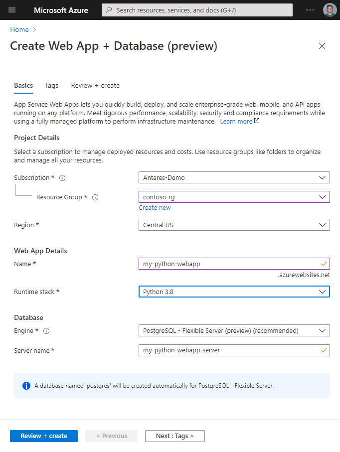 New App Service Database Create Blade Preview Azure App Service