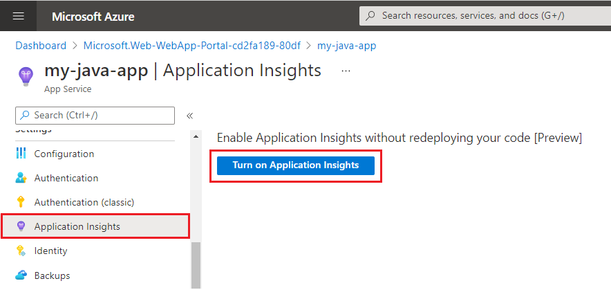 Enable App Insights from the Application Insights menu item