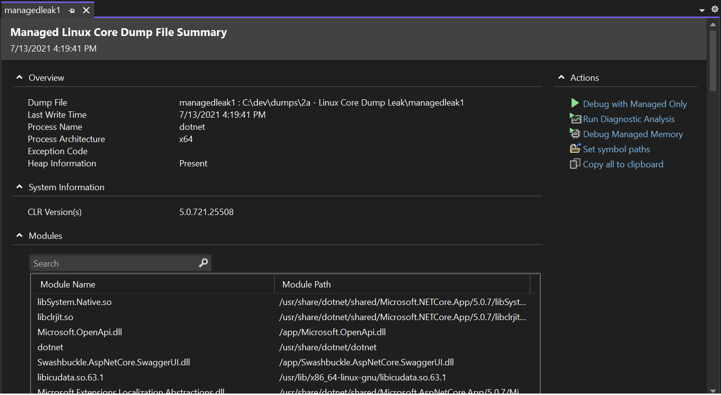 Managed Linux Core Dump File Summary