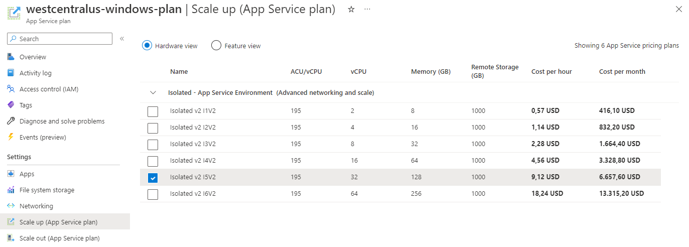 Larger SKUs on App Service Environment in Azure portal