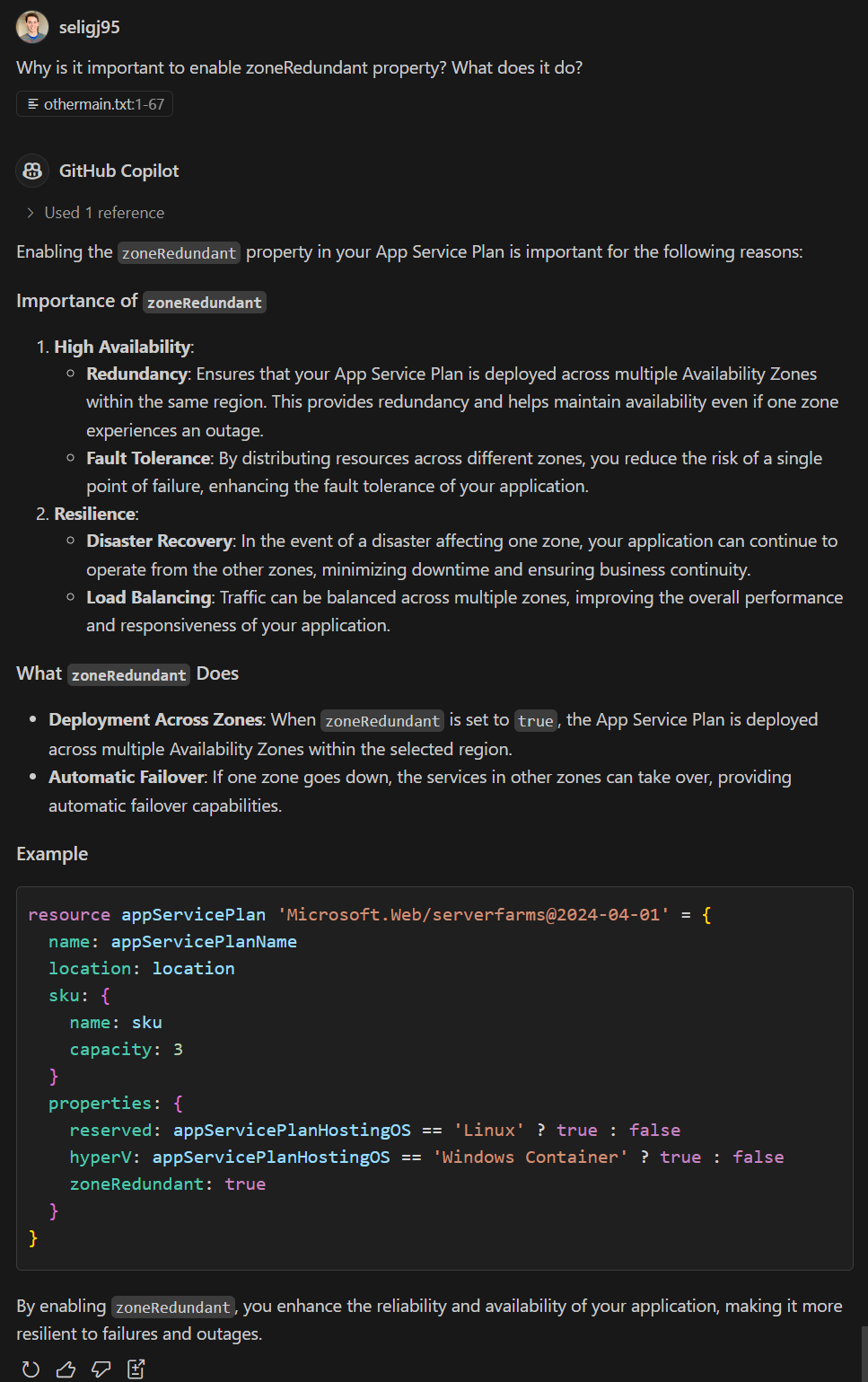 Ask GitHub Copilot why zone redundancy should be enabled