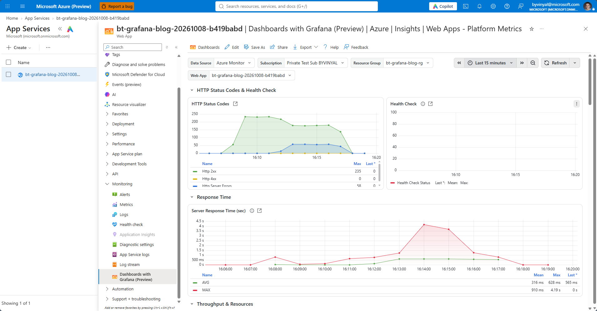 Web Apps platform metrics dashboard showing HTTP status codes, server response time, and time-range controls for a Linux demo app