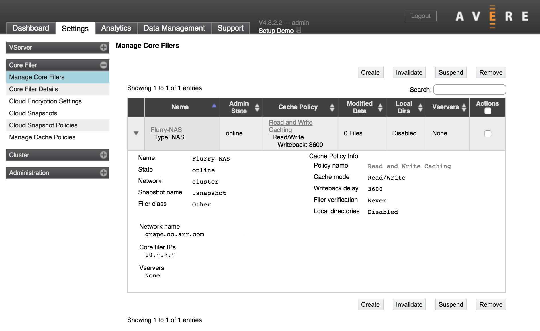 core filer "Flurry-NAS" in the Manage Core Filers settings page, with the filer details view expanded