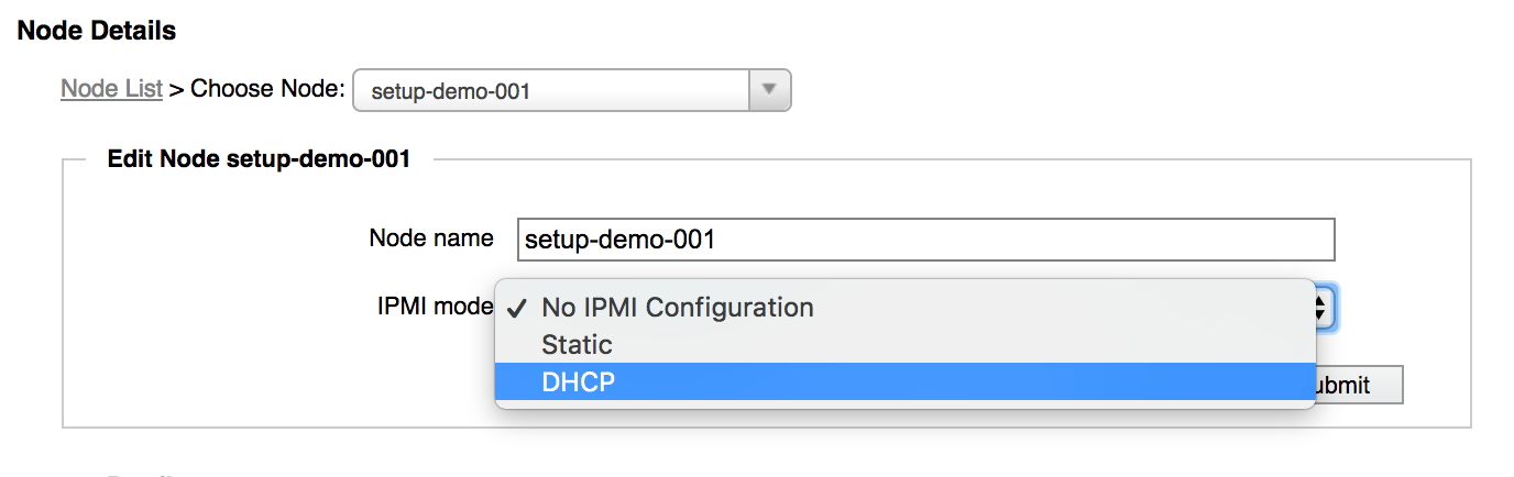 IPMI setting menu on the Node Details page