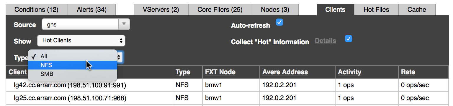 the Type selector can be set to All, SMB, or NFS if Hot Clients is selected