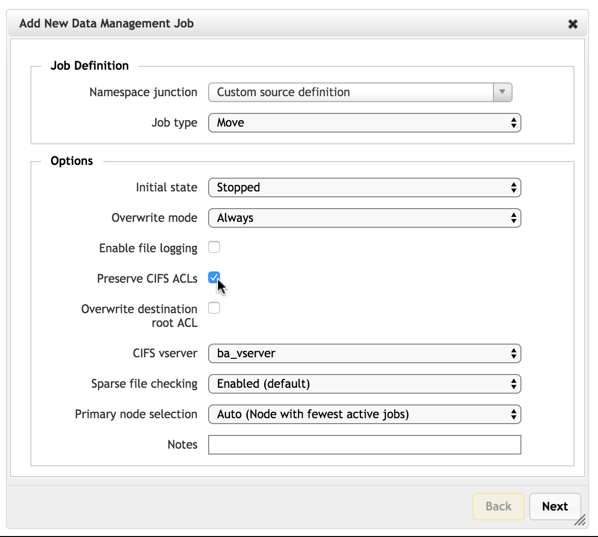 Checking the CIFS ACLs box on page one to enable SMB options for a job with a custom source