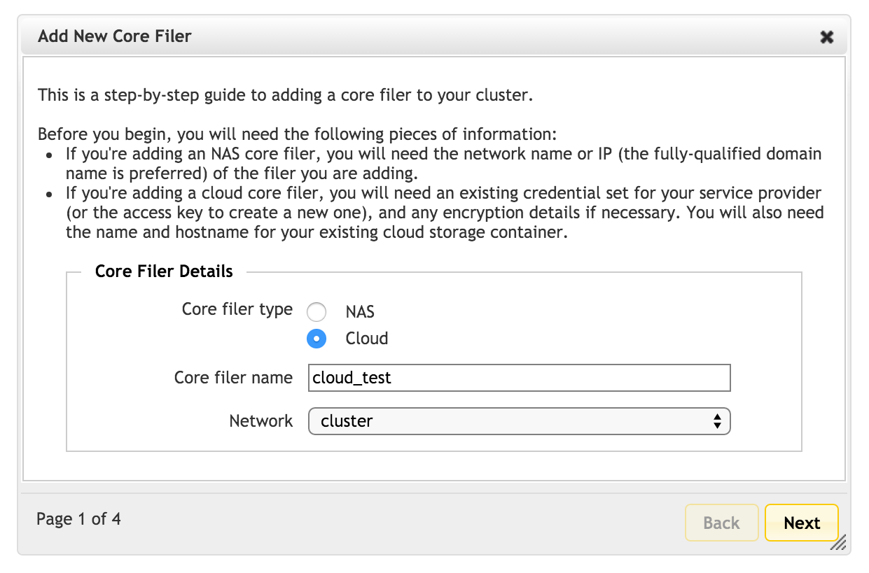 New Core Filer wizard with cloud option selected