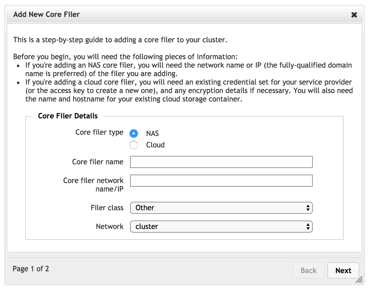 New Core Filer wizard with NAS option selected