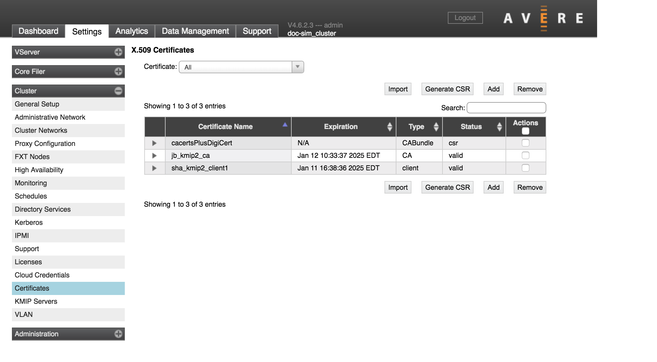 Certificates page