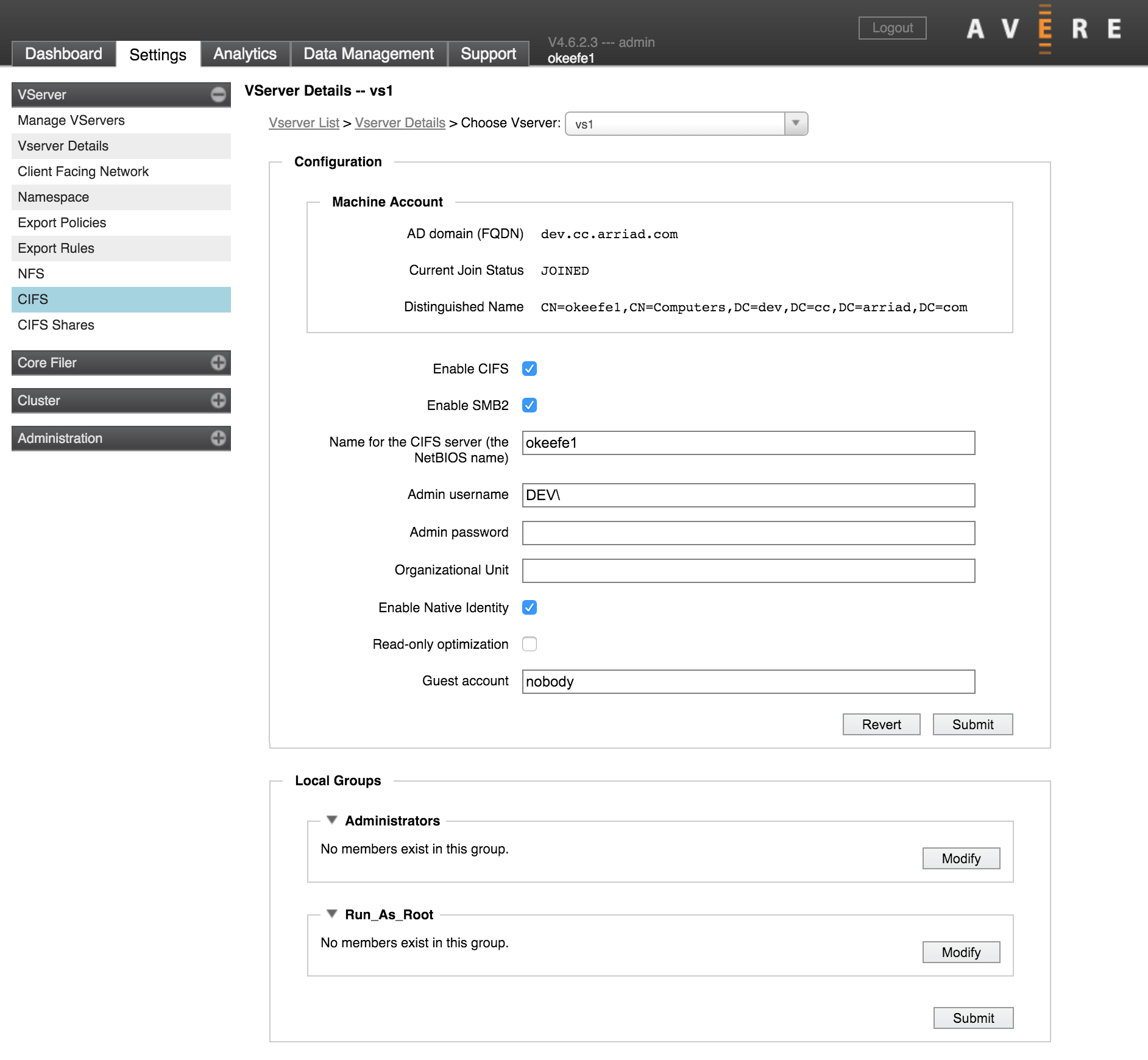 CIFS Settings Page