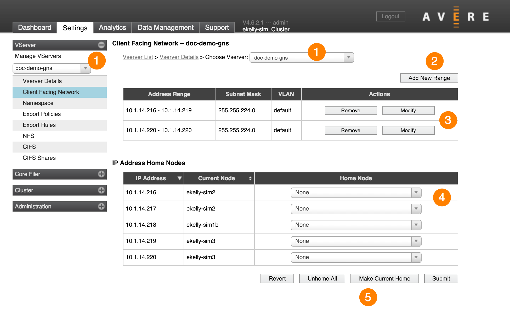 Client Facing Network settings page