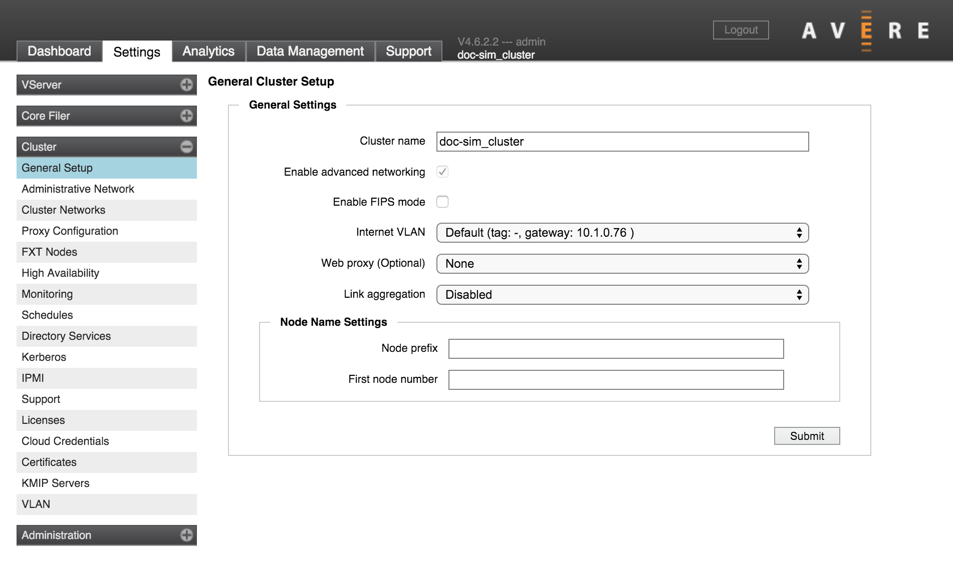 General Setup page in the Cluster section