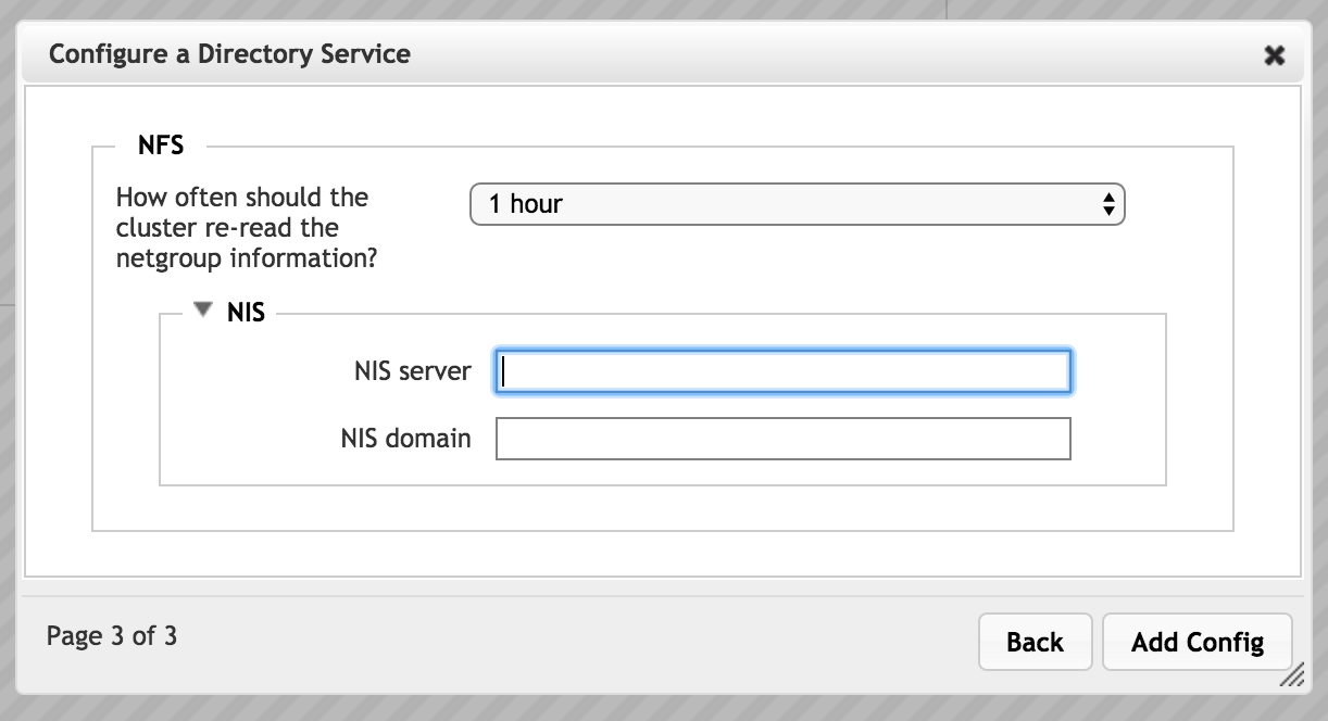 Configuring NIS user/group server parameters in page three of the wizard