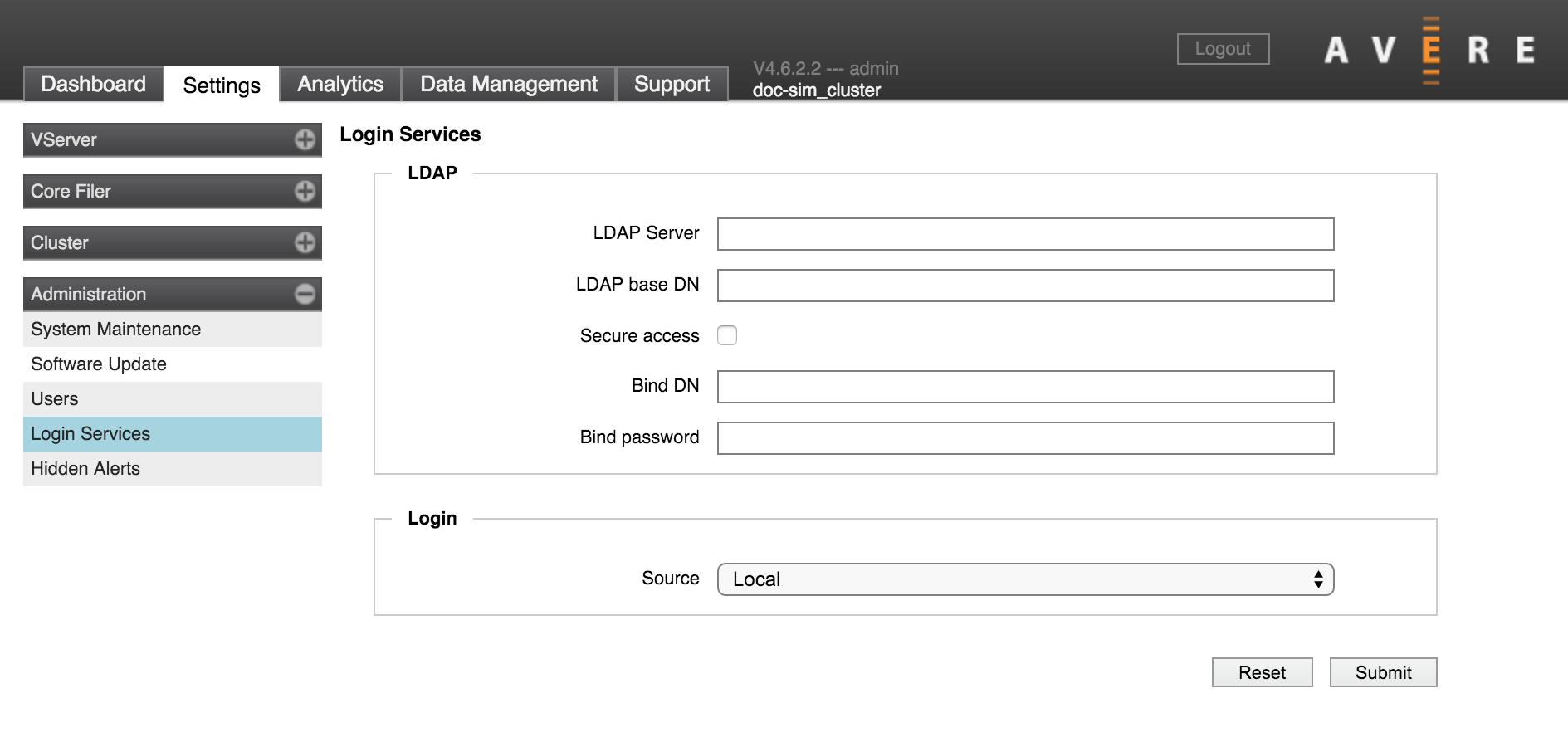 Login Services settings page