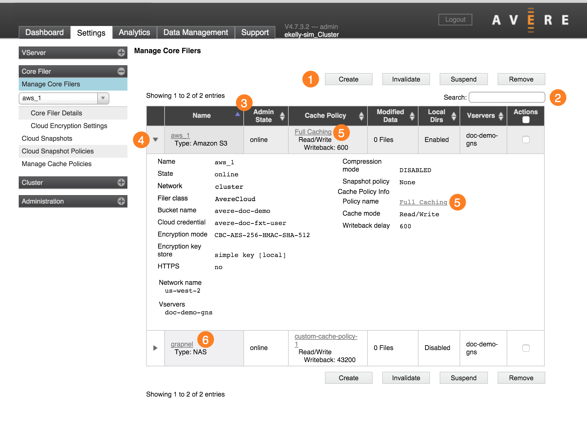 Manage Core Filers page