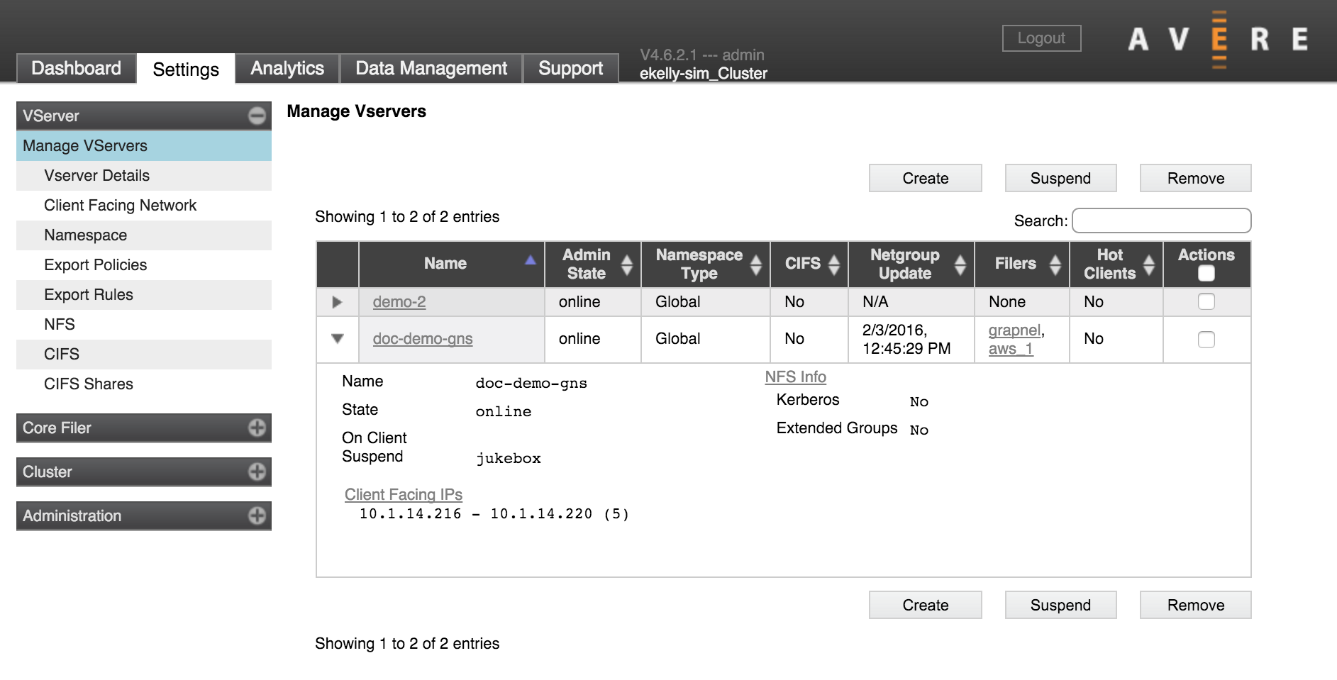 Manage VServers page