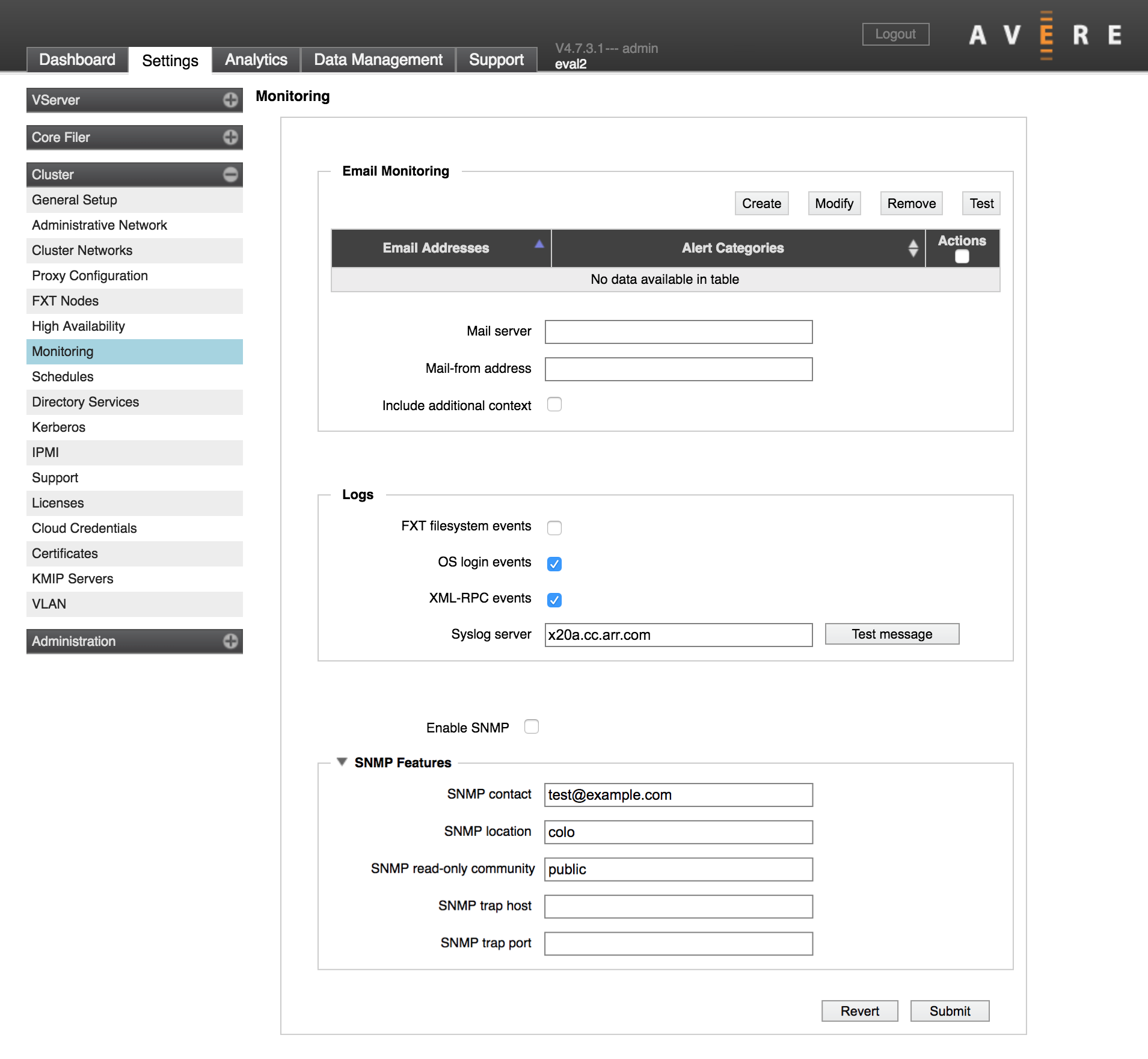 Monitoring settings page