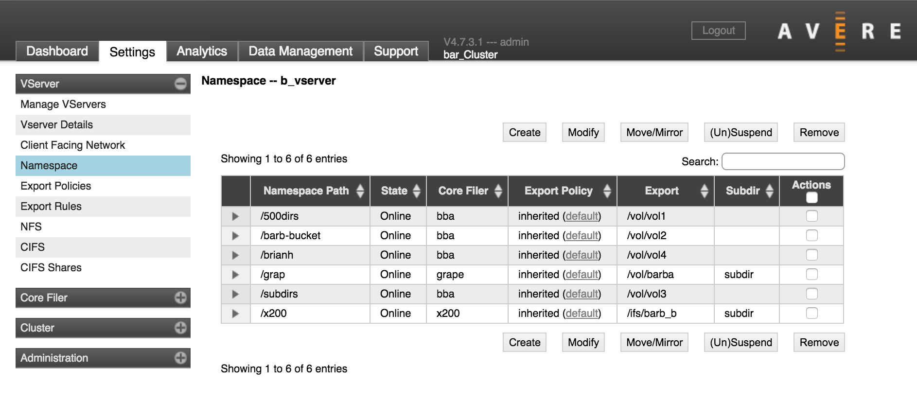 Namespace Settings Page