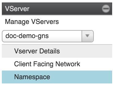 Choosing a vserver for the Namespace settings page
