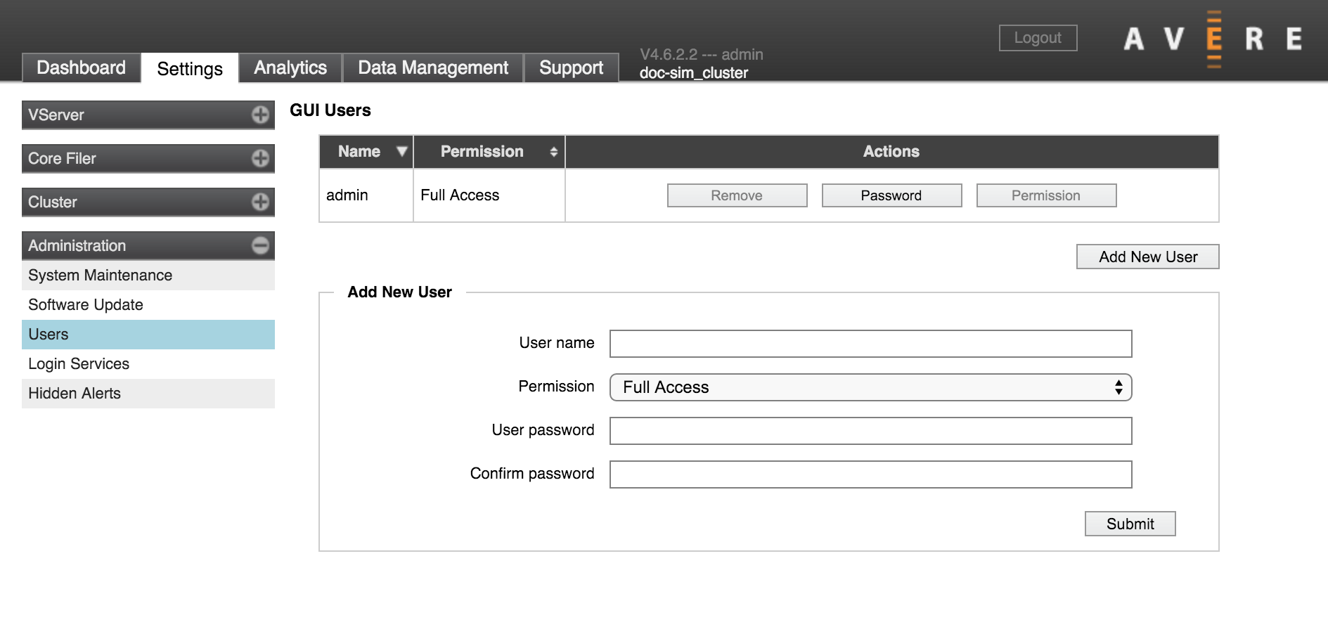 Cluster users settings page