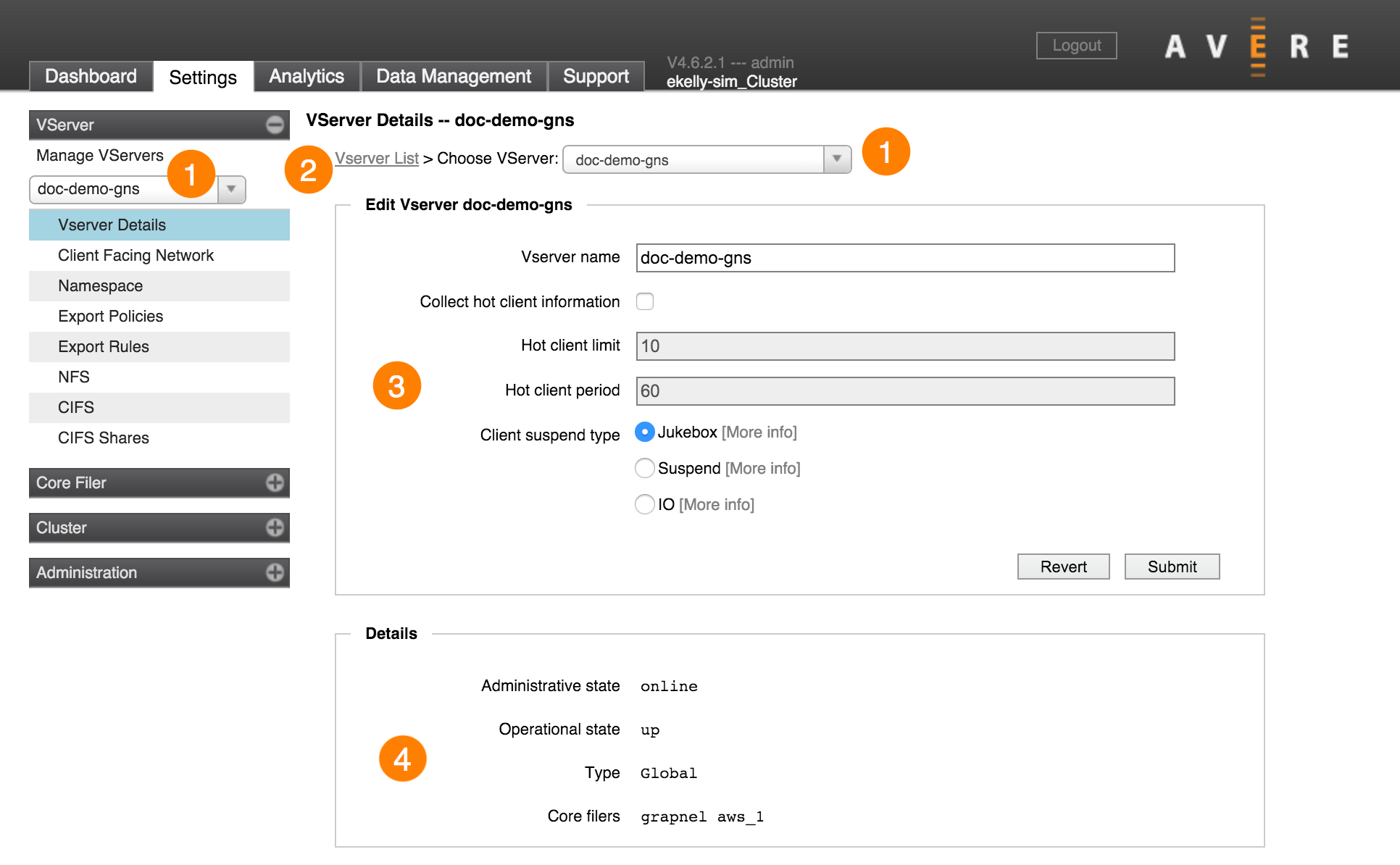 Settings on the VServer Details page