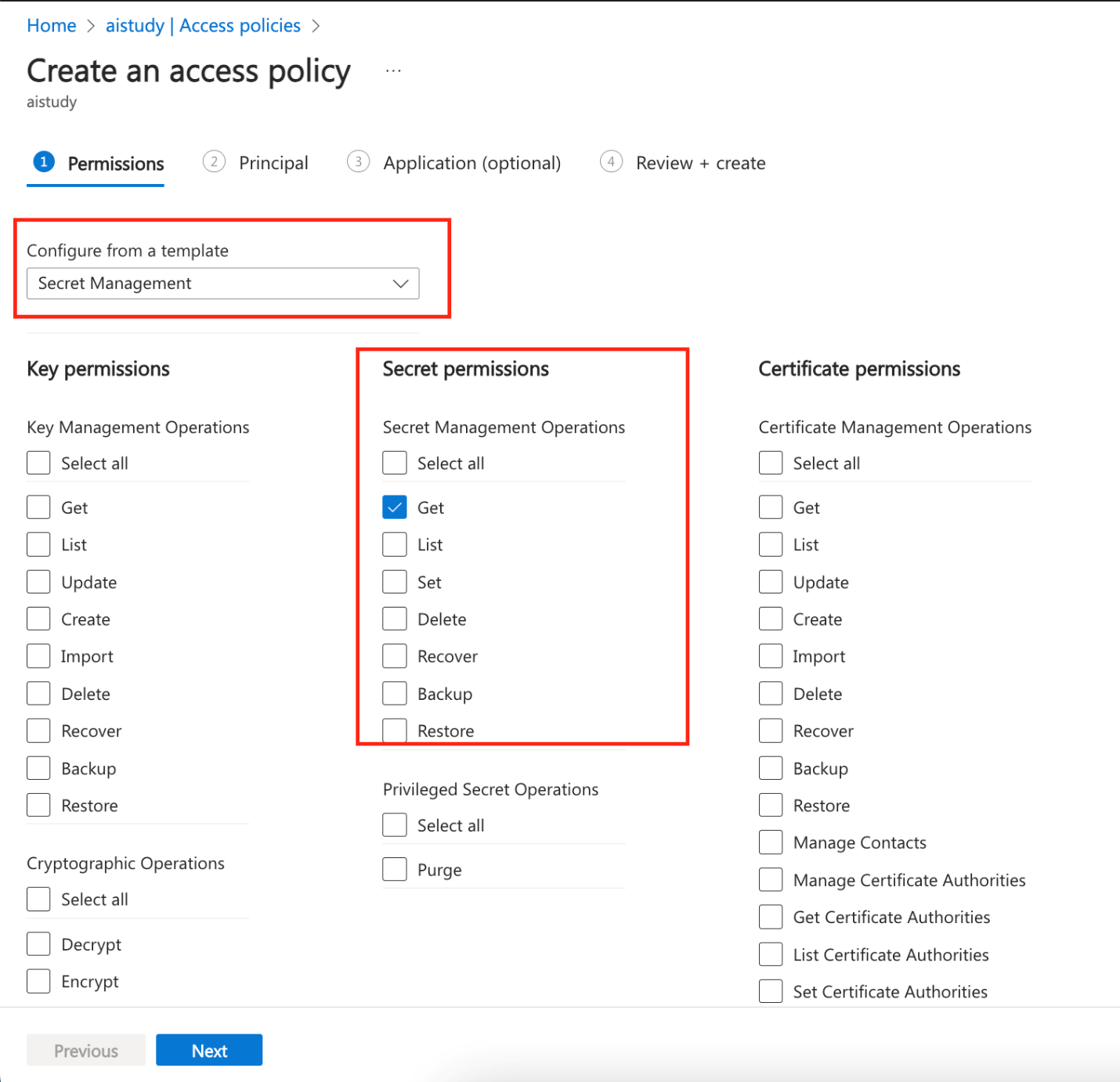 screenshot of access policy permissions when creating a new policy