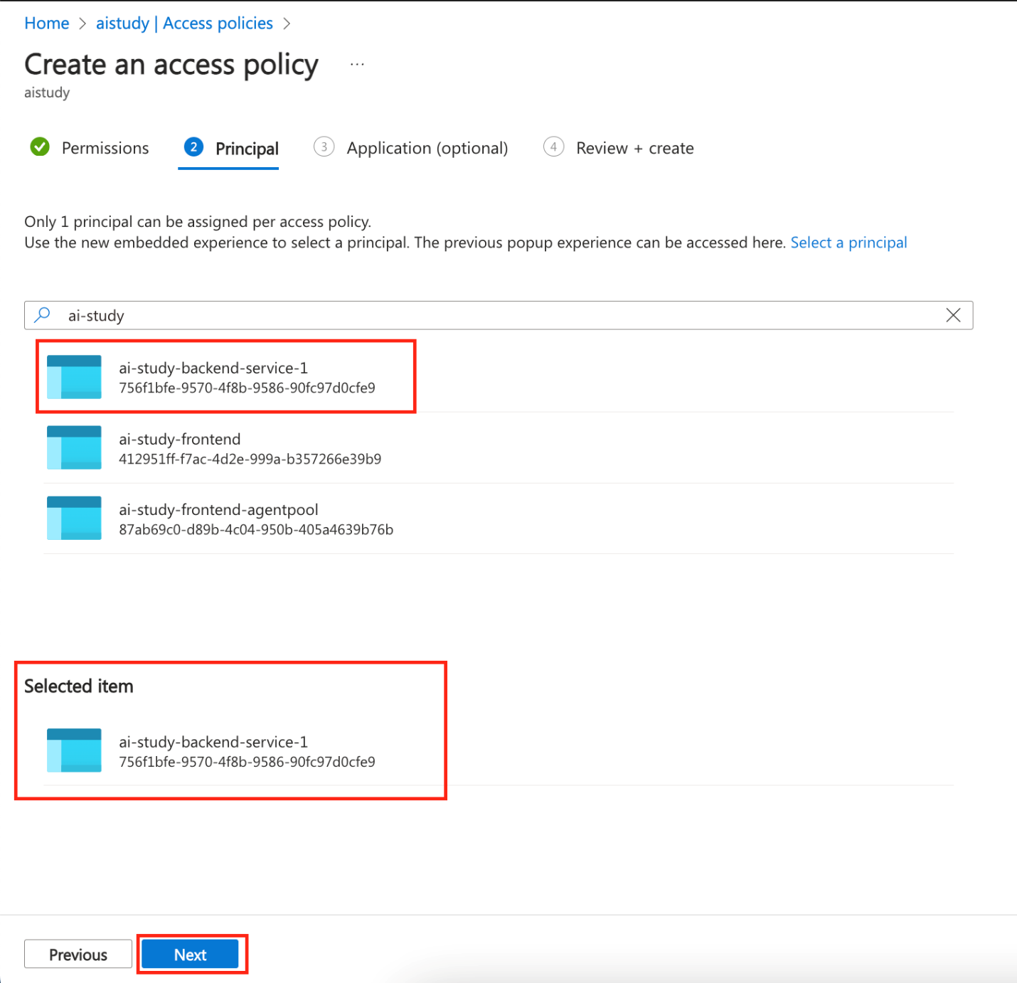 screenshot of access policy principal selections when creating a new policy