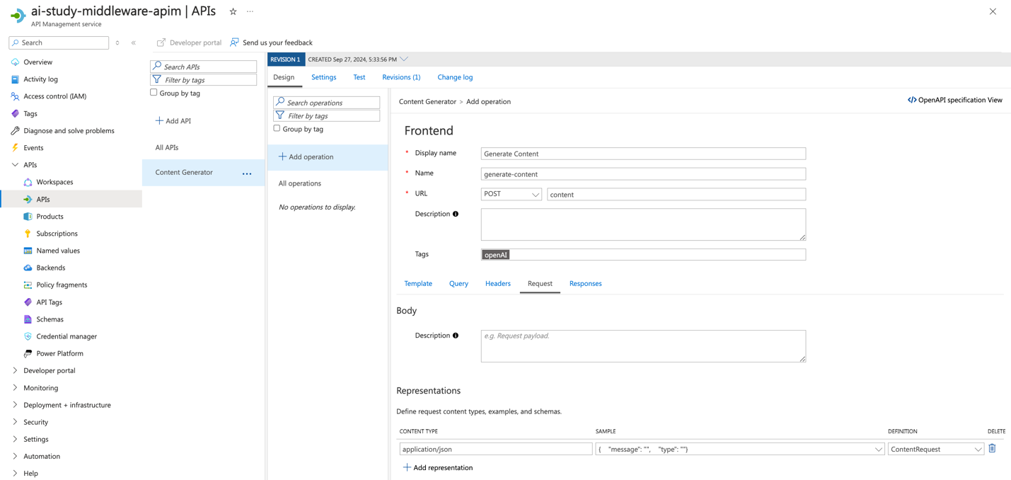 screenshot of ai-study-middleware-apim fields in Azure portal