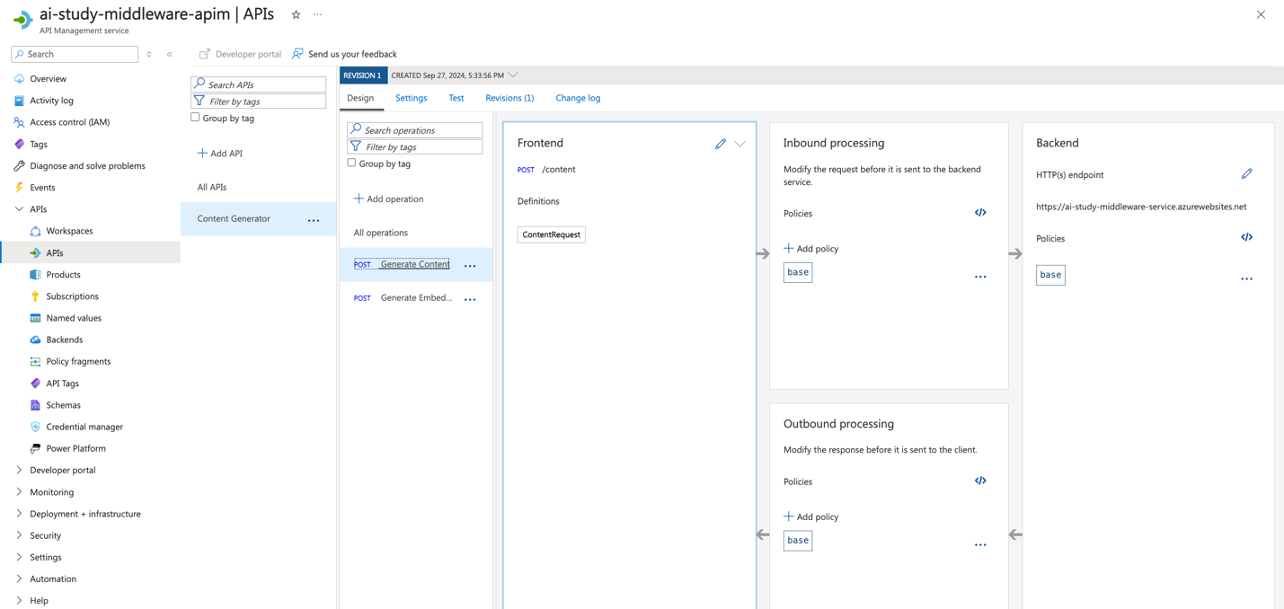 screenshot of ai-study-middleware-apim POST fields in Azure portal