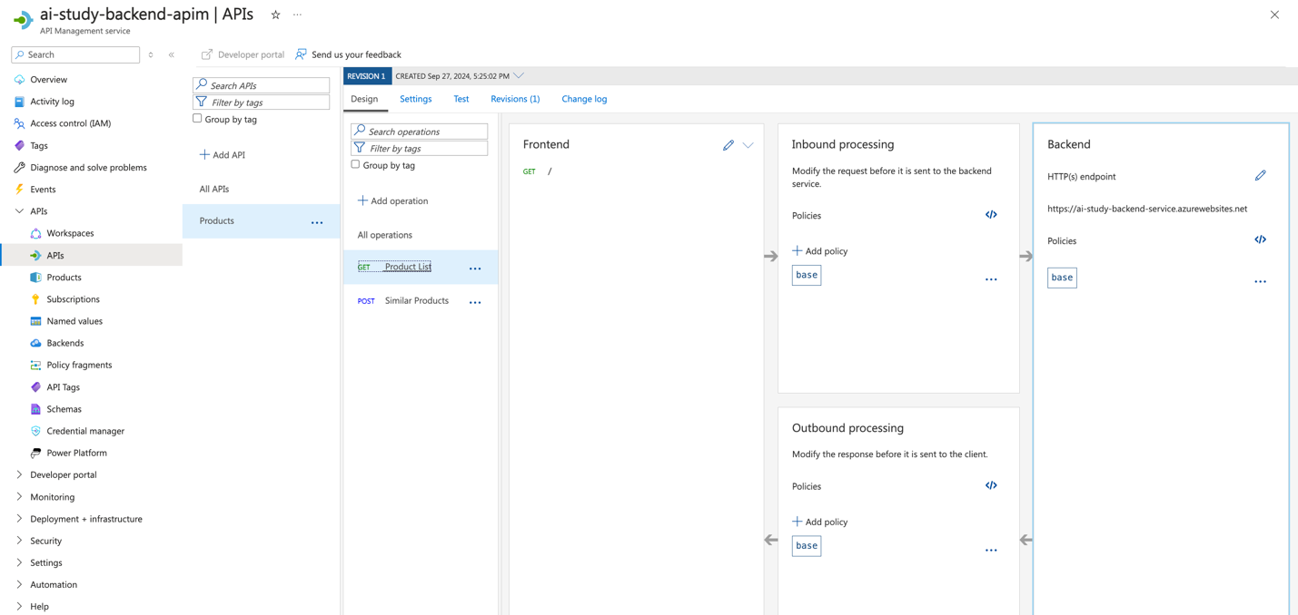 screenshot of ai-study-backend-apim fields in Azure portal