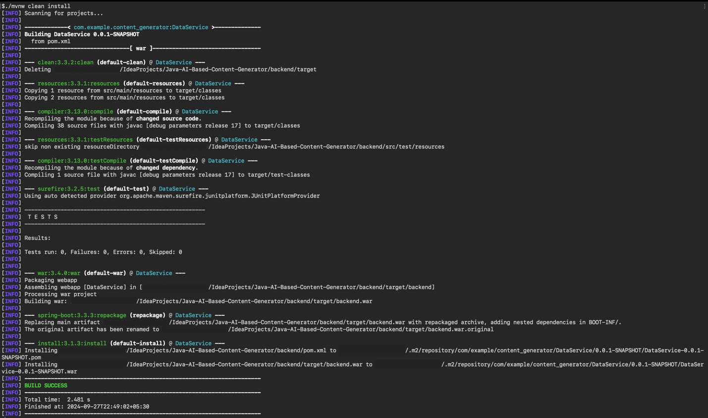 screenshot of Maven wrapper command