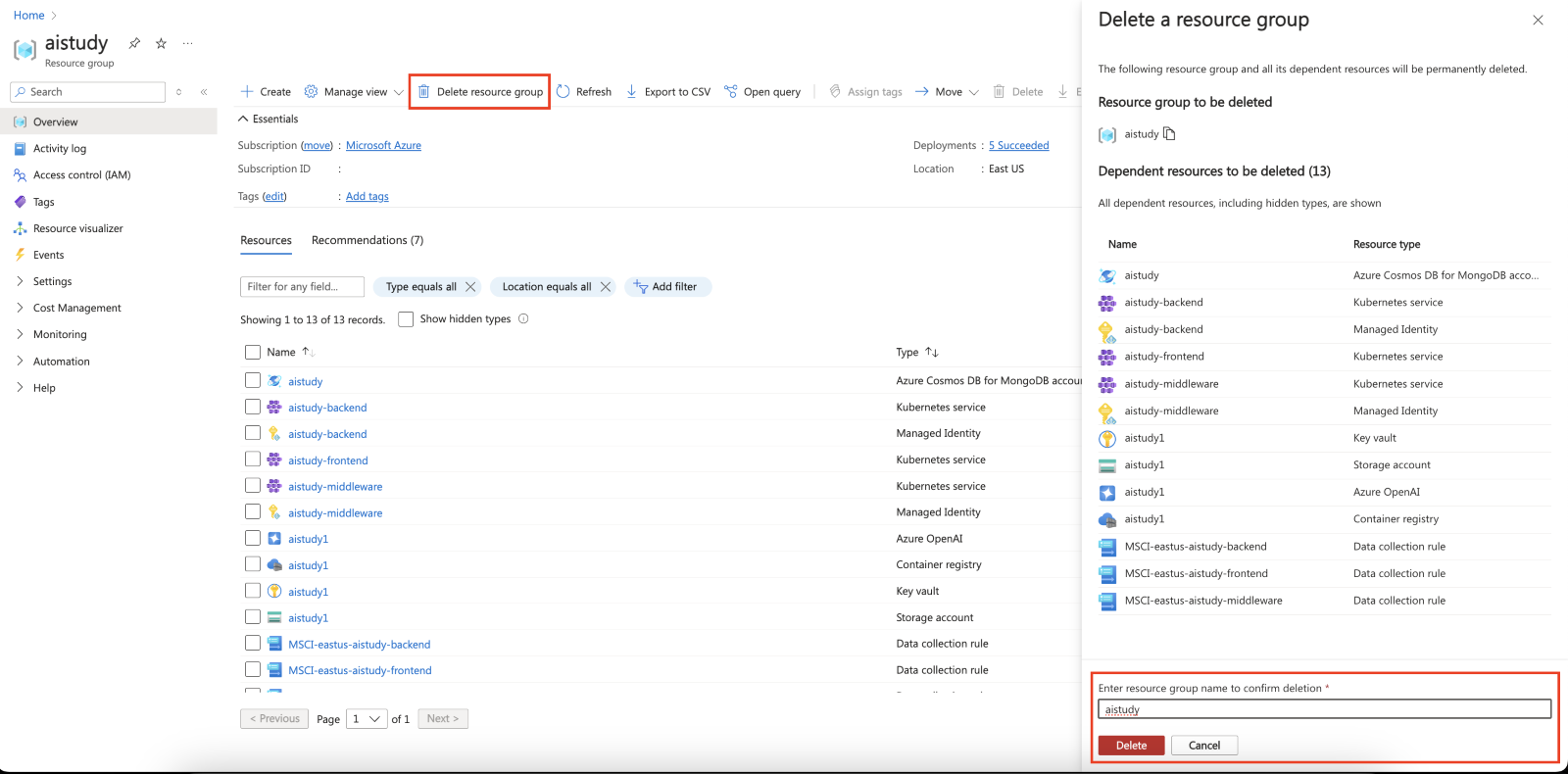 Azure portal view of deleting the Resource group