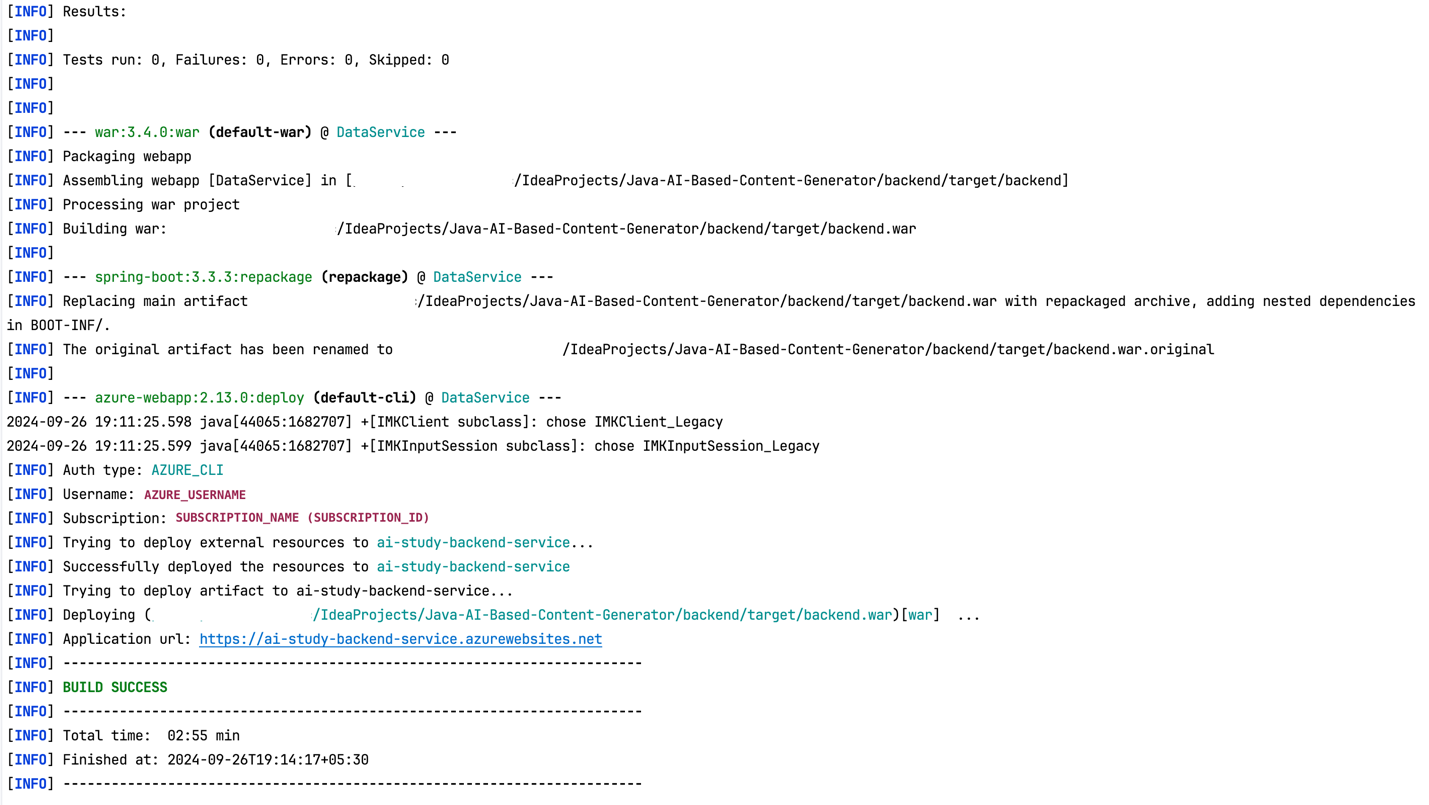 screenshot of Maven wrapper command back-end deployment results