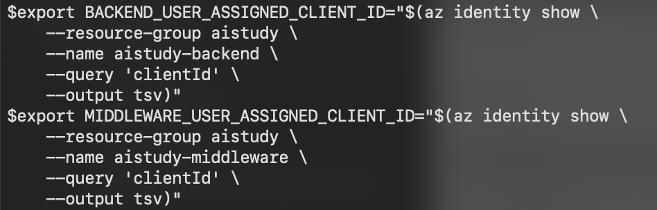 screenshot of Azure CLI commands exporting client IDs for user-assigned managed identitie