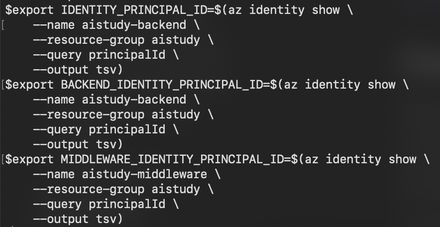 screenshot of Azure CLI command to export identity principal ID