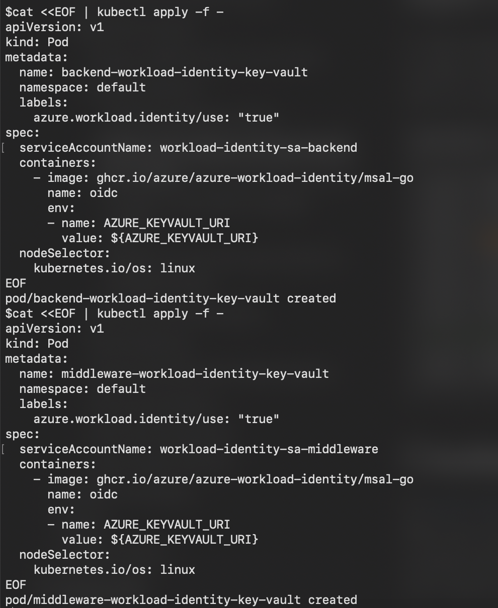 screenshot of Azure CLI command to create an Azure Kubernetes pod and integrate it with Key Vault