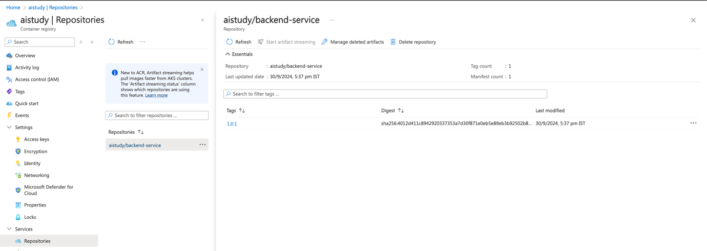 screenshot in Azure Portal of backend-service repository