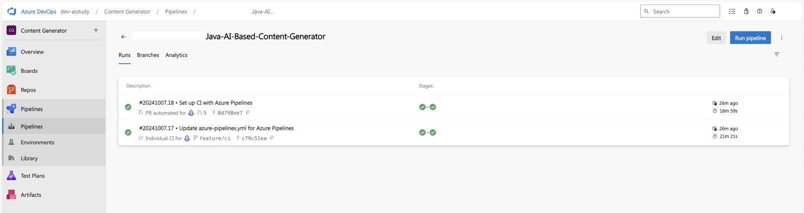 screenshot of Pipeline configuration in Azure DevOps portal