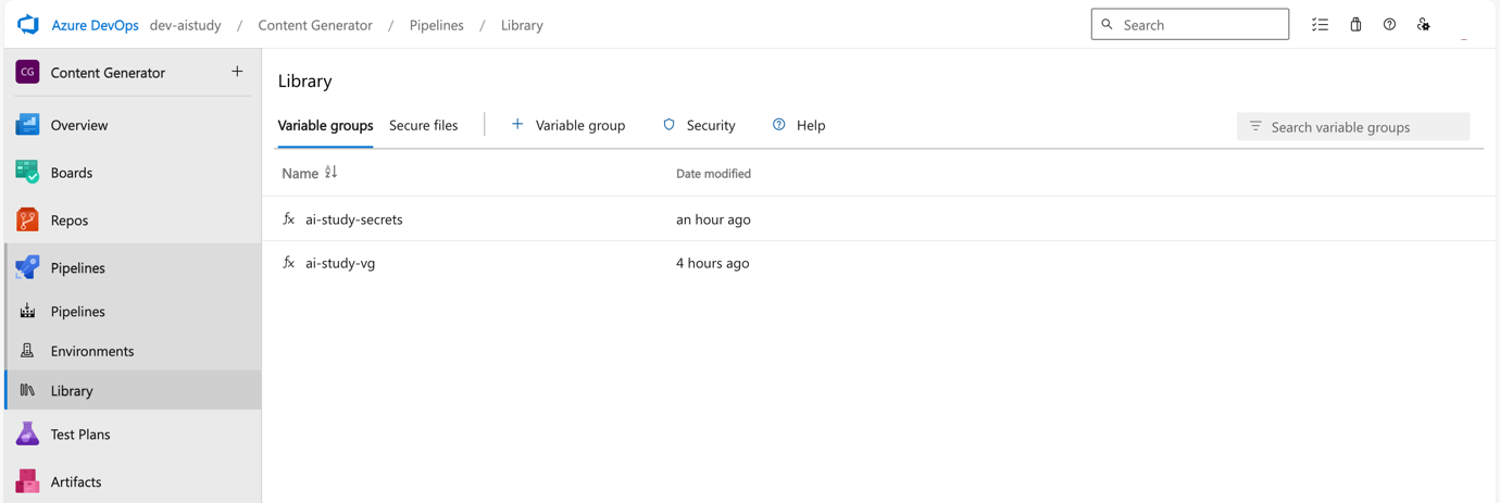 screenshot of Library in Azure DevOps portal