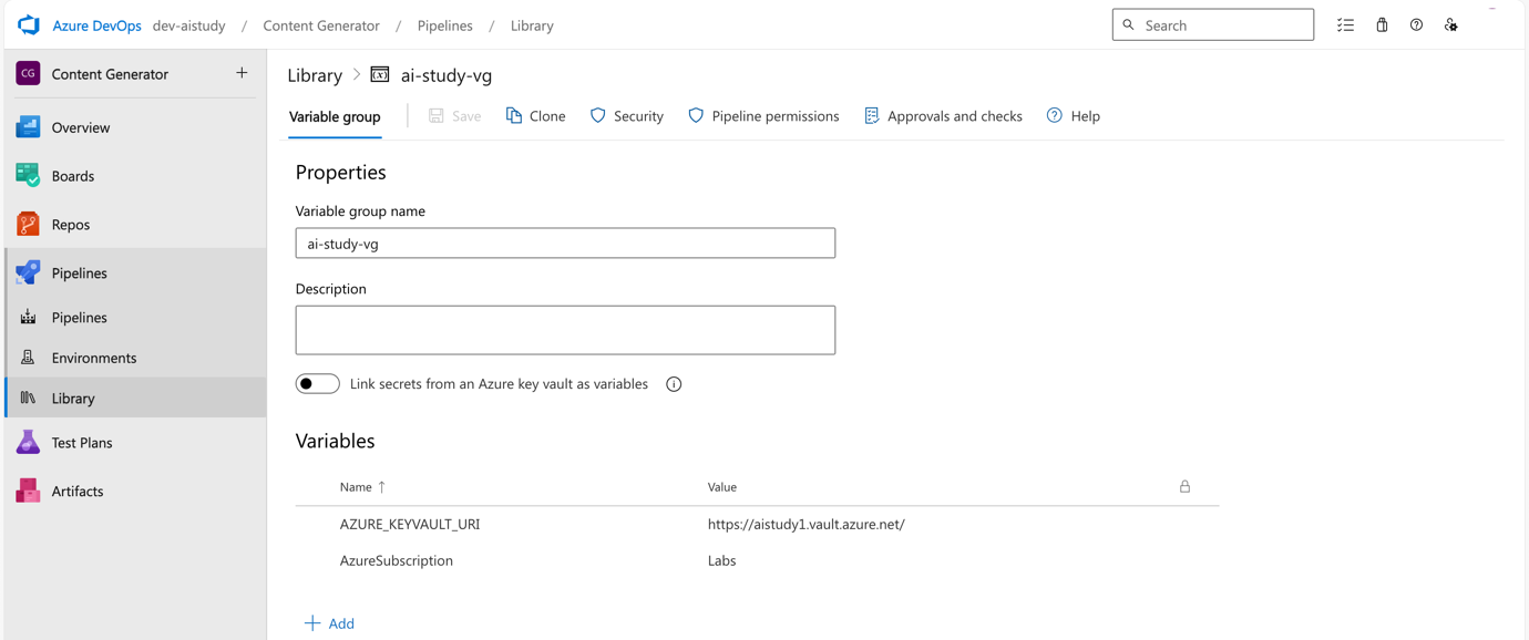 screenshot of variable group properties in Azure DevOps portal